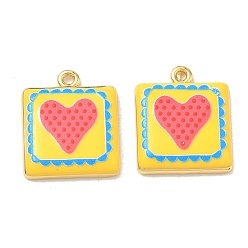 Yellow Printed Brass Pendants, Square & Heart Charms, Rack Plating, Long-Lasting Plated, Lead Free & Cadmium Free, Real 18K Gold Plated, Yellow, 22x18.5x3.5mm, Hole: 2mm