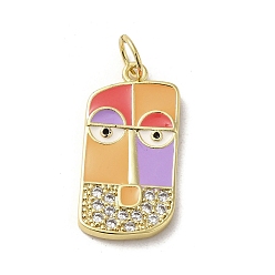 Orange Brass Micro Pave Cubic Zirconia Pendants, with Enamel, with Jump Ring, Real 18K Gold Plated, Abstract Face, Orange, 23.5x11.5x2mm, Hole: 3mm