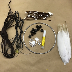White DIY Wood Beaded Woven Web/Net with Feather Pendant Decorations Making Kit, White, 120mm