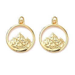 Echt 18 k vergoldet Messing Anhänger & Charms, cadmiumfrei und bleifrei, mit Sprungring, langlebig überzogen, flache Runde mit Berg, echt 18 k vergoldet, 23.5x20x2 mm, Bohrung: 3 mm, Sprungring: 5x0.8 mm