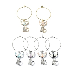 Mixed Color Cat Shape Alloy Enamel Wine Glass Charms, with Brass Hoop Findings, Mixed Color, 52mm, 6pcs/set