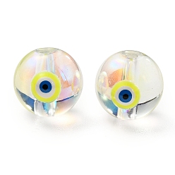 Yellow Transparent Glass Beads, with Enamel, Round with Evil Eye Pattern, Yellow, 10~10.5x9mm, Hole: 1.6mm
