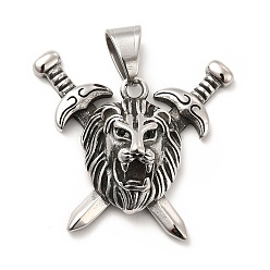 Antique Silver 304 Stainless Steel Pendants, with Jet Rhinestone, Lion and Sword Charms, Antique Silver, 35x39x12.5mm, Hole: 9x6.5mm