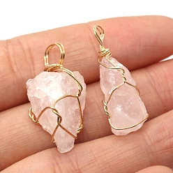 Rose Quartz Raw Rough Natural Rose Quartz Pendants, Nuggets Charms with Golden Plated Copper Wire Wrapped, 18~30x12~22mm