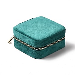 Teal Square Velvet Jewelry Zipper Boxes, Portable Travel Jewelry Storage Case with Alloy Zipper, for Earrings, Rings, Necklaces, Bracelets Storage, Teal, 10x9.5x4.7cm