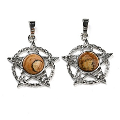 Пейзажный Джаспер Естественного изображения яшмы подвески, подвеска в виде стойки из латуни со звездой, платина, без кадмия и без свинца, 27.5x25.5x7~8 мм, отверстие : 8x5 мм