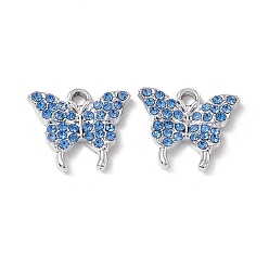 Light Sapphire Alloy Rhinestone Pendants, Butterfly Charm, Platinum, Light Sapphire, 15x17x2mm, Hole: 2mm