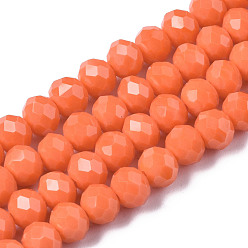 Coral Opaque Solid Color Glass Beads Strands, Faceted, Rondelle, Coral, 6x5mm, Hole: 1mm, about 87~90pcs/strand, 17~17.5 inch(42.5~43.75cm)