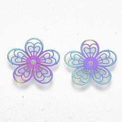 Rainbow Color Ion Plating(IP) 304 Stainless Steel Filigree Pendants, Etched Metal Embellishments, Flower, Rainbow Color, 18x18x0.3mm, Hole: 2mm
