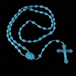 Deep Sky Blue Luminous Plastic Rosary Bead Necklace, Glow in the Dark Cross Pendant Necklace for Women, Deep Sky Blue, 21.65 inch(55cm)