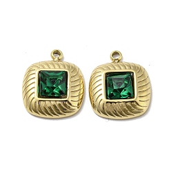 Real 14K Gold Plated 304 Stainless Steel Charms, with Green Glass, Square, Real 14K Gold Plated, 14.5x12x3mm, Hole: 1.2mm