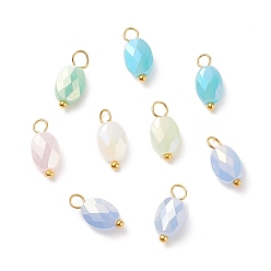 Sky Blue Electroplate Glass Pendants, with Golden Plated Brass Loops, Faceted, Oval, Sky Blue, 13~14x6~6.5x4~4.5mm, Hole: 2~3mm