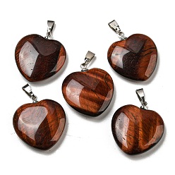 Tiger Eye Natural Red Tiger Eye Pendants, Heart, with Brass Findings, Platinum, 22~23x20~20.5x6~7.5mm, Hole: 5x8mm