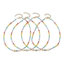 Mixed Color Bohemian Style Glass Beaded Necklaces, with Brass for Women, Mixed Color, 14.96~15.16 inch(38~38.5cm)