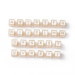 WhiteSmoke Rack Plating Brass Enamel Beads, Cadmium Free & Nickel Free & Lead Free, Real 18K Gold Plated, Cube with Letter A`Z, WhiteSmoke, 6x6x6mm, Hole: 2.5mm