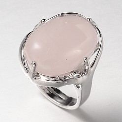 Rose Quartz Adjustable Oval Gemstone Wide Band Rings, with Platinum Tone Brass Findings, US Size 7 1/4(17.5mm)