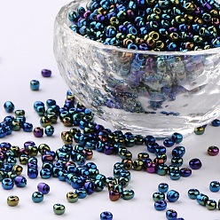 Green 8/0 Glass Seed Beads, Iris Round, Green, about 3mm in diameter, hole: 0.8mm, about 10000pcs/bag