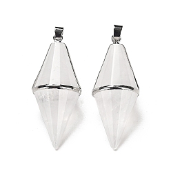 Quartz Crystal Natural Quartz Crystal Pointed Pendants, Rock Crystal Pendants, Faceted Bicone Bullet Charms with Rack Plating Platinum Plated Brass Findings, Cadmium Free & Lead Free, 42.5~43x17~18mm, Hole: 4x5.5mm