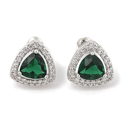 Темно-Зеленый Треугольные серьги-гвоздики с паве из кубического циркония из латуни для женщин, платина, темно-зеленый, 14x14 мм