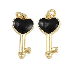 Черный Латунь эмаль подвески, ключ в форме сердца, реальный 18 k позолоченный, стойки покрытие, долговечный, без кадмия и без свинца, с целью перехода в кольце, чёрные, 17x8.5x2 мм, отверстие : 2 мм