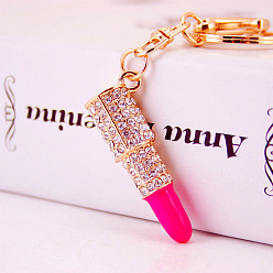 Hot Pink Crystal Rhinestone Lipstick Keychains, with Enamel, KC Gold Plated Alloy Charm Keychain, Hot Pink, 11cm
