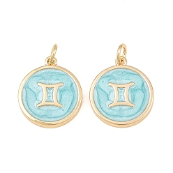 Gemini Brass Enamel Pendants, Flat Round & Constellation Charms, Rack Plating, Long-Lasting Plated, Cadmium Free & Lead Free, Golden, Gemini Charms, 17.5x15x2mm, Hole: 3mm