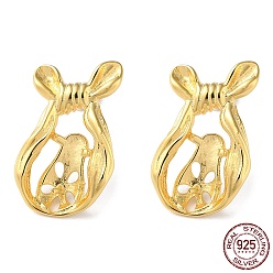 Real 18K Gold Plated 925 Sterling Silver Stud Earring Settings, Mouse, for Half Drilled Beads, with S925 Stamp, Real 18K Gold Plated, 18x11.5mm, Pin: 11x0.9mm and 0.7mm