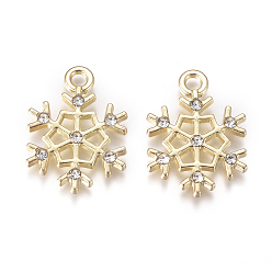 Crystal Golden Plated Alloy Pendants, with Crystal Rhinestone, Snowflake, for Christmas, Crystal, 21.3x15.5x2mm, Hole: 2.2mm