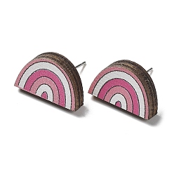 Hot Pink Printing Wood Stud Earrings for Women, with 316 Stainless Steel Pins, Rainbow, Hot Pink, 10.5x17mm