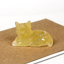 Citrine Natural Citrine Cat Display Decorations, Sequins Resin Figurine Home Decoration, for Home Feng Shui Ornament, 80x50x50mm