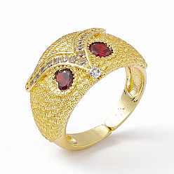 Red Cubic Zirconia Owl Open Cuff Rings, Golden Brass Jewelry for Women, Red, US Size 6 1/2(16.9mm)