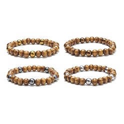 Mixed Color Natural Wood & Synthetic Hematite Round Beaded Stretch Bracelet for Women, Mixed Color, Inner Diameter: 2-1/4 inch(5.55cm)