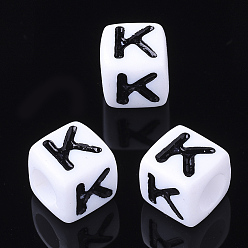 Letter K Letter Acrylic Beads, Cube, White, Letter K, Size: about 7mm wide, 7mm long, 7mm high, hole: 3.5mm, about 2000pcs/500g