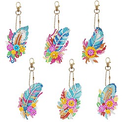 Feather DIY Diamond Painting Keychain Kits, Including Acrylic Board, Keychain Clasp, Bead Chain, Resin Rhinestones Bag, Diamond Sticky Pen, Tray Plate and Glue Clay, Feather, 110~150x70~100mm, 6pcs/set