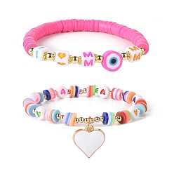 Mixed Color Word I Love Mom Acrylic Beaded Bracelet Sets for Mother's Day, Alloy Enamel Heart Charm Bracelet & Polymer Clay Evil Eye Stretch Bracelet for Womens, Mixed Color, Inner Diameter: 2-1/8 inch(5.3~5.5cm), 2pcs/set