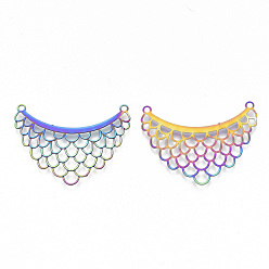 Rainbow Color Ion Plating(IP) 201 Stainless Steel Filigree Joiners Links, Etched Metal Embellishments, Fish Scale Pattern, Rainbow Color, 23x31x0.3mm, Hole: 1.4mm