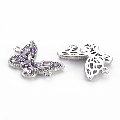 Platinum Brass Cubic Zirconia Links Connectors, Nickel Free, Butterfly, Lilac, Platinum, 13x18x2.5mm, Hole: 1mm