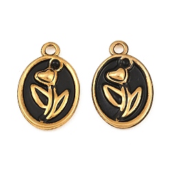 Schwarz Sprühlackierte 304 Edelstahlanhänger, mit Acryl-Perlen, oval Charme, Ionenbeschichtung (ip), echt 18 k vergoldet, Schwarz, 20x13.5x3 mm, Bohrung: 1.6 mm