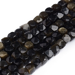 Golden Sheen Obsidian Natural Golden Sheen Obsidian Beads Strands, Faceted, Cube, 4~5x4~5x4~5mm, Hole: 0.7mm, about 72~76pcs/strand, 15.3 inch(38.5cm)