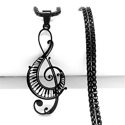 Black 304 Stainless Steel Pendant Necklaces, Musical Note, Black, 23.62 inch(60cm)