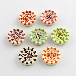 Mixed Color 4-Hole Printed Wooden Buttons, Flat Round, Mixed Color, 20x5mm, Hole: 2mm