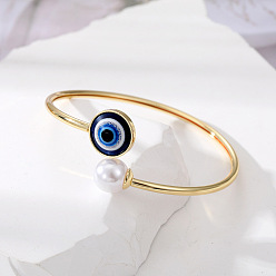 Golden blue powder eye pearl bracelet Turkish Blue Eye Pearl Bracelet with Adjustable Copper Cuff