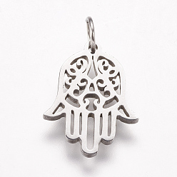 Stainless Steel Color 316 Surgical Stainless Steel Pendants, Hamsa Hand/Hand of Fatima/Hand of Miriam, Stainless Steel Color, 16.5x12.5x1.5mm, Hole: 3.5mm