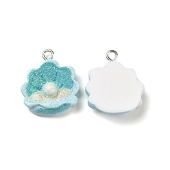 Shell Shape Ocean Theme Opaque Resin Pendants, with Glitter Powder and Platinum Tone Iron Loops, Scallop Charm, Light Sky Blue, Shell Pattern, 21.5x18.5x6mm, Hole: 2mm