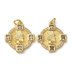 Прозрачный Кулон из циркония, с целью перехода в кольце, плоские круглые прелести, стойки покрытие, долговечный, без свинца и без кадмия, реальный 18 k позолоченный, прозрачные, 21x19x2 мм, отверстие : 3.5 мм