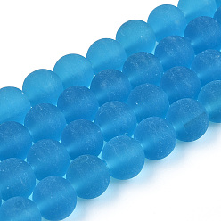 Deep Sky Blue Transparent Glass Beads Strands, Frosted, Round, Deep Sky Blue, 9.5~10mm, Hole: 1.5mm, about 41~42pcs/strand, 14.88~15.12 inch(37.8~38.4cm)