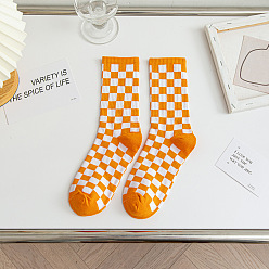 Orange Polyester Knitting Socks, Tartan Pattern Crew Socks, Winter Warm Thermal Socks, Orange, 350x130x7mm