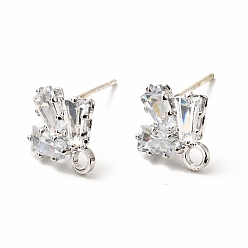 Platinum Brass Micro Pave Clear Cubic Zirconia Stud Earring Findings, with Loop, Leaf, Platinum, 10.5x10mm, Hole: 1.8mm, Pin: 0.7mm