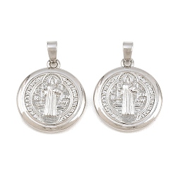 Platine Pendentifs en laiton, rond plat avec des breloques de saint Benoît, platine, 20x18x2.5mm, Trou: 5x3mm