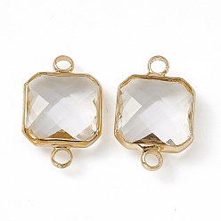 Crystal Transparent K9 Glass Connector Charms, with Light Gold Plated Brass Findings, Faceted, Square Links, Crystal, 19.5x12.5x4.5mm, Hole: 2.2mm